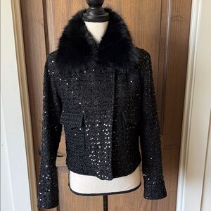 Dolce Cabo Black Sequin Jacket with Faux Fur Collar